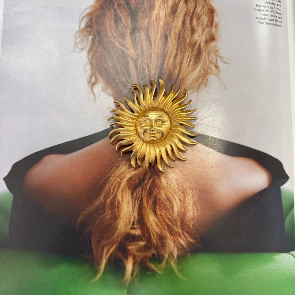 Monet Vintage Celestial Sun Face Matte Gold Brooch Pin